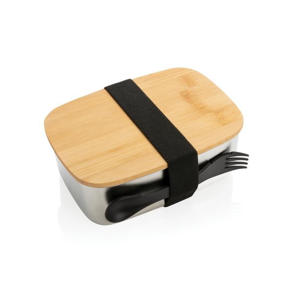 Boîte à lunch en acier inoxydable avec couvercle en bambou et spork