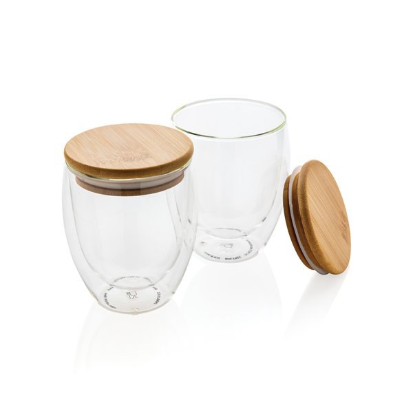 XD Collection P432.14 - Ensemble de 2 pièces en verre borosilicate à double paroi avec couvercle en bambou 250ml