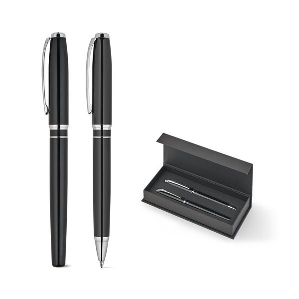 Premium set comprising 1 ballpoint pen and 1 rollerball pen in copper and stainless steel, with blue ink - Egotier 91992