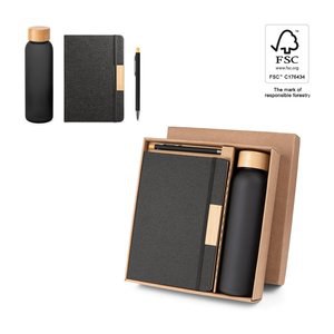 Ensemble composé d'un stylo à bille, d'un bloc-notes et d'une bouteille, fabriqués à partir de PET recyclé, d'aluminium recyclé et de bambou - Egotier 93673